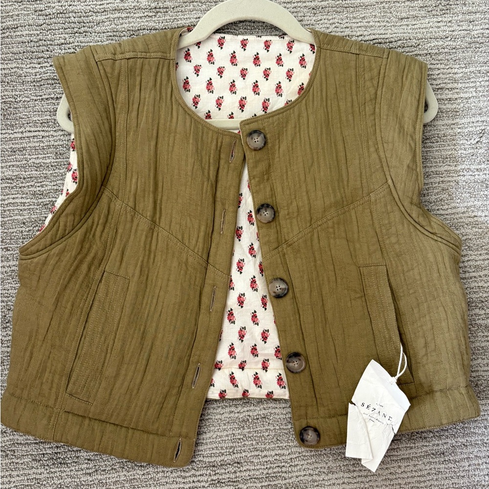 Sezane Olive/Floral Reversible Quilted Vest